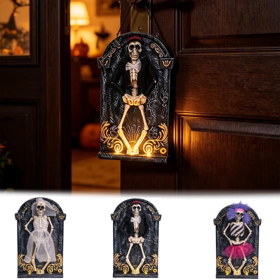 Voglyf Halloween Animated Tombstone with Dancing Skeleton,Lights Up and Music, Animatronic Skeleton, Posable Arms & Legs, Horror Creepy Indoor Haunted House Spooky Decor C