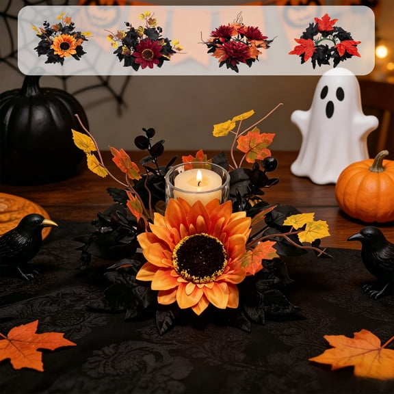Voglyf Halloween Artificial Candle Ring Wreath, Mini Fall Candle Rings With Sunflower & Maple Leaves, Small Wreath, Autumn Table Centerpiece Decor for Thanksgiving Halloween Dinner Mantel,(1PCS,D)