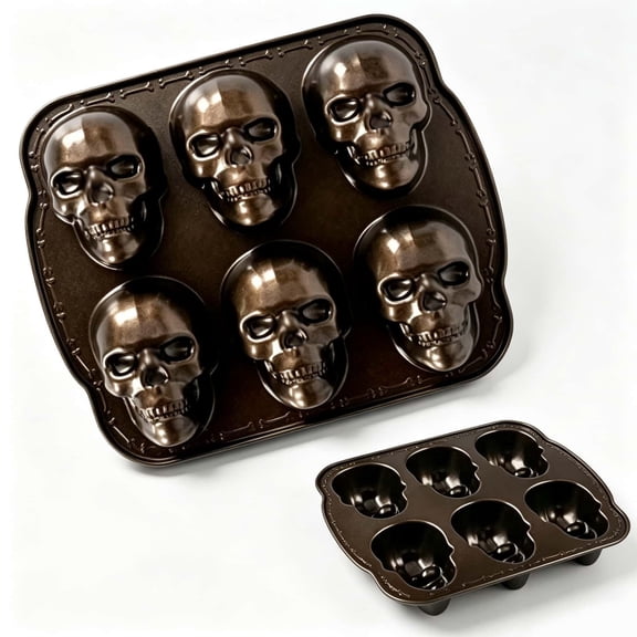 Voglyf Halloween Bakeware, Haunted Skull Cakelet Pan, 6 Cavity Non-Stick Metal Skull Baking Mold, Coated Skeleton Shape Tray for Chocolate Pastry Spooky Halloween Party Baking Kitchen