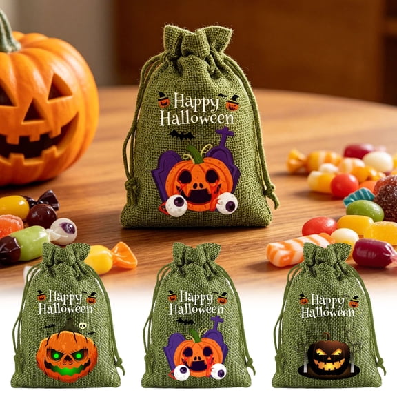 Voglyf Halloween Burlap Drawstring Gift Bags 5.5X4 Inch, Pumpkin Ghost Print Small Linen Goodie Candy Pouches, Gift Sacks for Thanksgiving Party Favors Trick or Treat Candy Packaging(B)