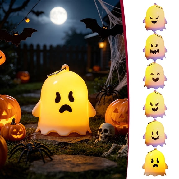 Voglyf Halloween Cute Ghost LED Lantern, Spooky Face Glowing Mini Ghost Lantern Pendant, Light Up Halloween Hanging Decor Key Ring, Trick Or Treat Party Favor Bag Stuffer Gift For Kids(#A)