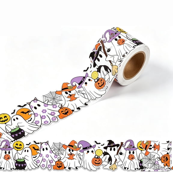 Voglyf Halloween Ghost Bulletin Board Border, 23Ft Cute Purple Ghost Self-Adhesive Trim, Black White Border Stickers, for Classroom, Office, Chalkboard, Party, Halloween Bulletin Boards