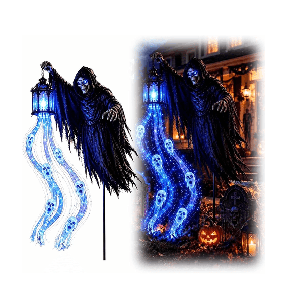 Voglyf Halloween Grim Reaper Animated Garden Light, 2D Solar Outdoor Decorations, Yard Decor with Glowing Ghost and Lantern, Scary Skeleton Lighted Garden Stake for Front Yard, Walkway