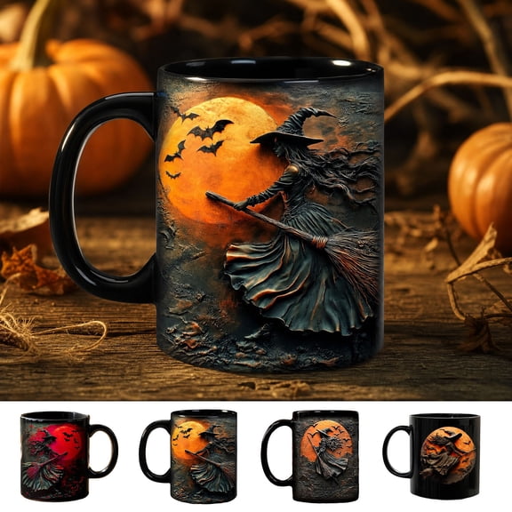 Voglyf Halloween Mug Witch Cauldron coffee Mug, Moon Bat Witch On Broom Printed Tea Cup, Gothic Spooky Design Mug for Halloween Party Office Home Use Gift《The pattern is not 3D》A