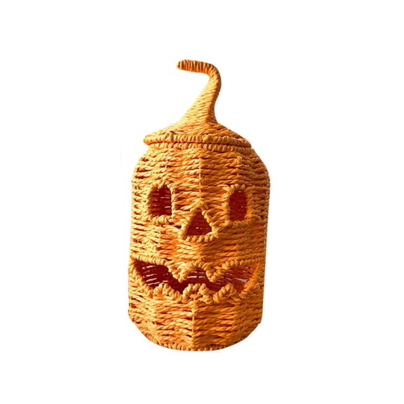 Voglyf Halloween Pumpkin Decor, Handwoven Halloween Baskets, Pumpkin Basket With Lid for Candy Packaging Tabletop Tiered Tray Autumn Halloween Party Decoration Gift(Yellow, B)11.6In