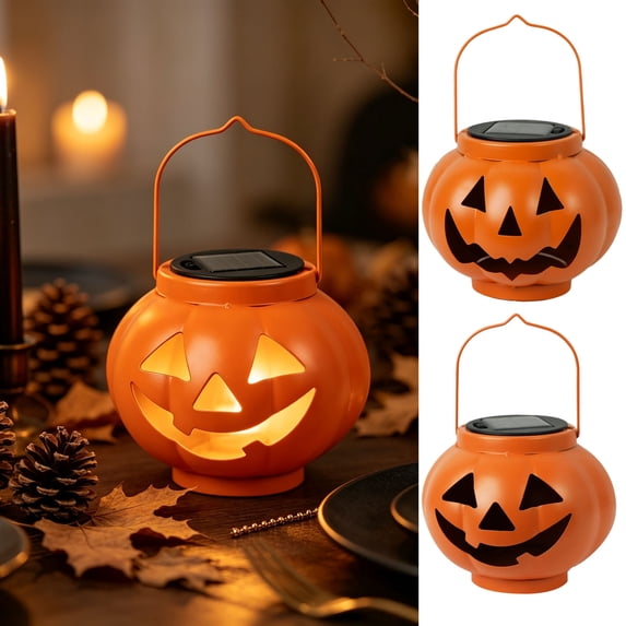 Voglyf Halloween Pumpkin Solar Lanterns Metal Lantern, IP65 Waterproof Outdoor Light 5.1 Inch Portable Hanging Light, Spooky Pumpkin Decor Light for Yard Patio Garden Porch Decoration