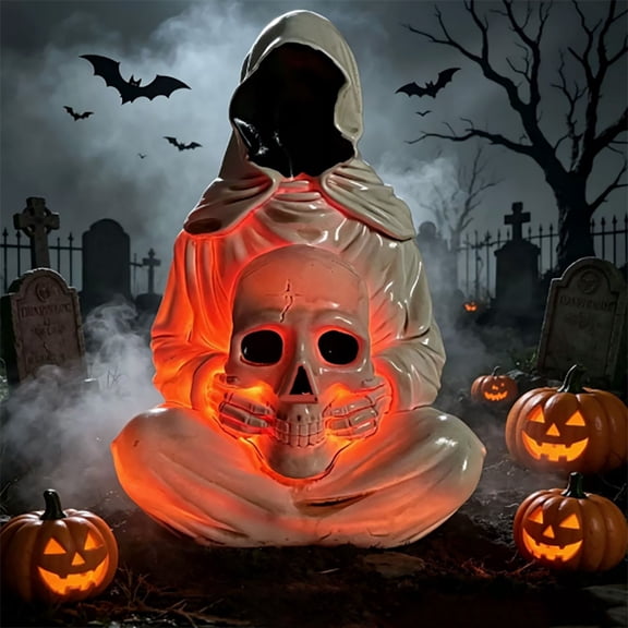 Voglyf Halloween Resin Grim Hugging Skull Figurine, Glowing Red Eye Skeleton Statue with Worn Robe, Spooky Halloween Tabletop Ornament for Mantel Shelf Gothic Room Holiday Decor Gift