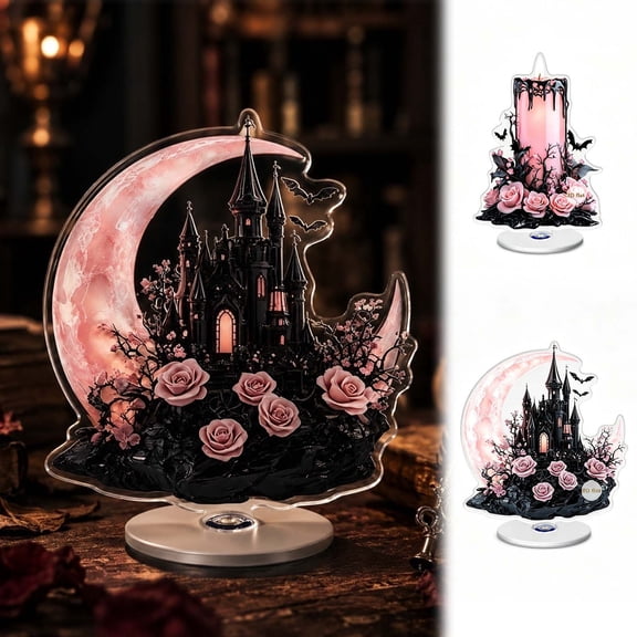 Voglyf Halloween Rotating Acrylic Standee, Rotatable Halloween Tabletop Sign With Bat Spider Web Dripping Wax Design, Spooky Dark Floral Desk Ornament For Home Party Decor Gift