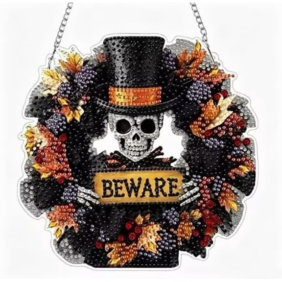 Voglyf Halloween Skull Diamond Art Hanging Pendant, Beware Skeleton with Top Hat Fall Maple Leaf Wreath Sign, Rhinestone Wall Hanging Decor for Front Door Porch Halloween Holiday Party,9.5In