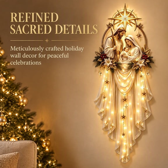 Voglyf Holy Family Star Veil, Meaningful Christmas Wall Decor, Acrylic Holy Family Design with String Lights, Indoor Front Door Living Room Fireplace Display, Multicolor