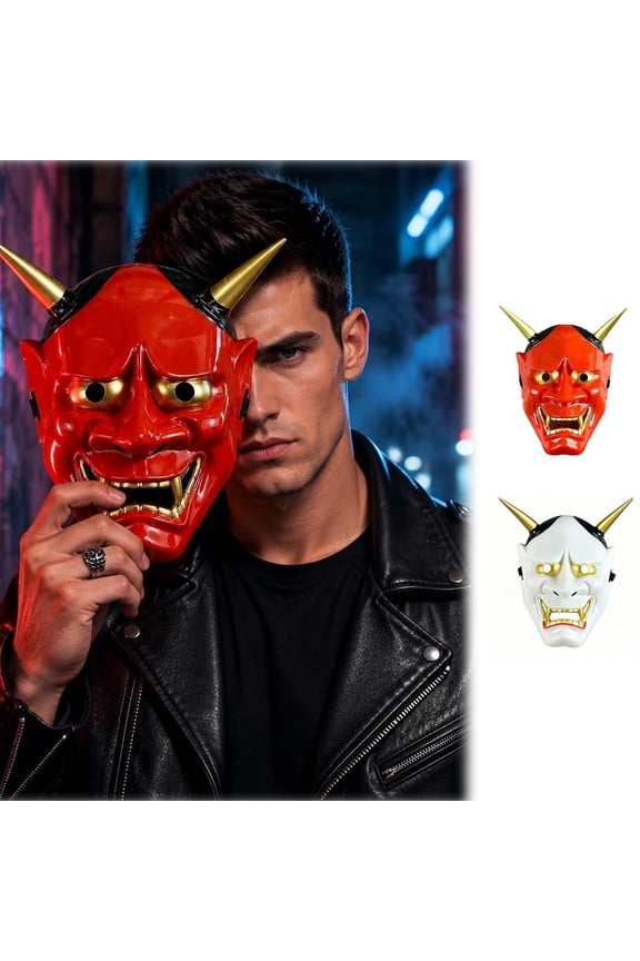 Horror Devil Mask for Halloween, Full Face Costume Mask With Golden Horns And Fangs, Perfect for Cosplay, Themed Parties, Haunted Houses And Spooky Occasions(Red)