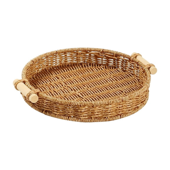 Voglyf Imitation Rattan Tray, Poly Wicker Trays for Fruit Food Serving Tray Imitation Wicker Trayts with Handles for Vegetables, Breakfast, Snacks, Dining Coffee Table (Round,9.45×9.45×1.57In)