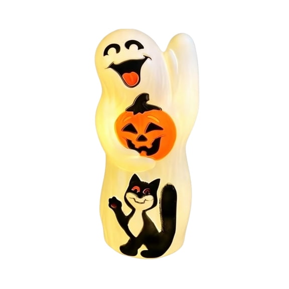 Voglyf LED Light Halloween Blow Mold Ghost with Black Cat, Smiling Ghost Figurine Holding Lantern, Warm Glow Halloween Desktop Lamp for Mantel Bedroom Indoor Holiday Party Ornament Gift