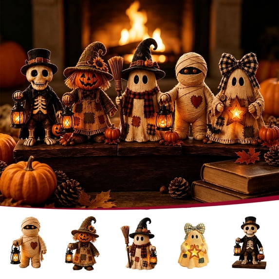 Voglyf Light Up Bow Ghost Figurine, 5.9" Wooden-Look Halloween Skeleton Decoration with Warm LED Lantern, Cute Spooky Collectible Statue for Indoor Tabletop, Mantel, Desk and Party Decor