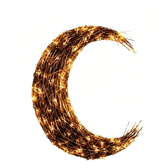 Voglyf Lighted Crescent Moon Wreath, 11.8 In Natural Rattan Twig Moon Shaped Wall Hanging with LED Fairy Lights, Rustic Boho Front Door Wall Decor for Halloween Christmas Home Gift