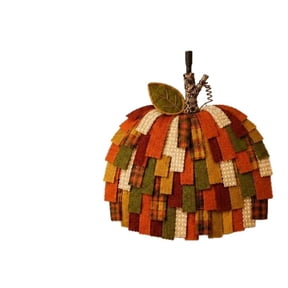 Voglyf Lighted Handmade Patchwork Pumpkin Door Hanger, Rustic Farmhouse 3D Fabric Pumpkin Wall Hanging, Vintage Plaid Cloth Pumpkin Ornament for Door Wall Autumn Thanksgiving Home Decor