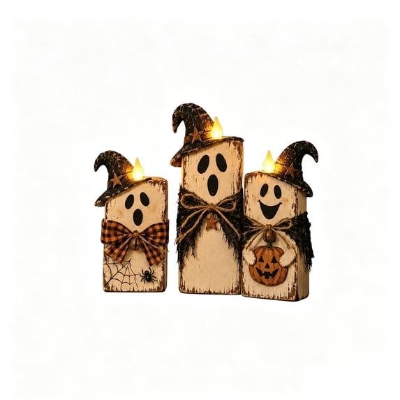 Voglyf Lighted Vintage Wooden Ghost Decor Set of 3 with Remote Control, Ghost Block Statues with Witch Hat LED Flameless Candles, Rustic Tabletop Ornament Spider Pumpkin Bow Decor Gift