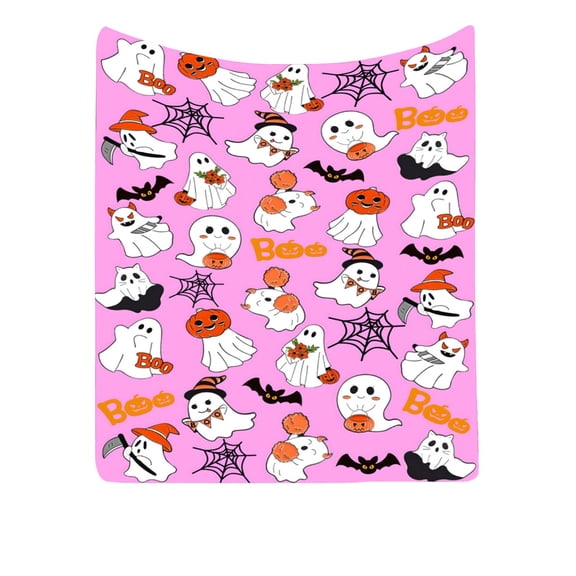 Voglyf Pink Ghost Boo Flannel Blanket, Soft Warm Cartoon Halloween Throw Blanket with Ghost Bat Pumpkin Spider Web Print, Cozy Blanket for Sofa Couch Chair Bedroom Holiday Decor,59X39.4 Inch