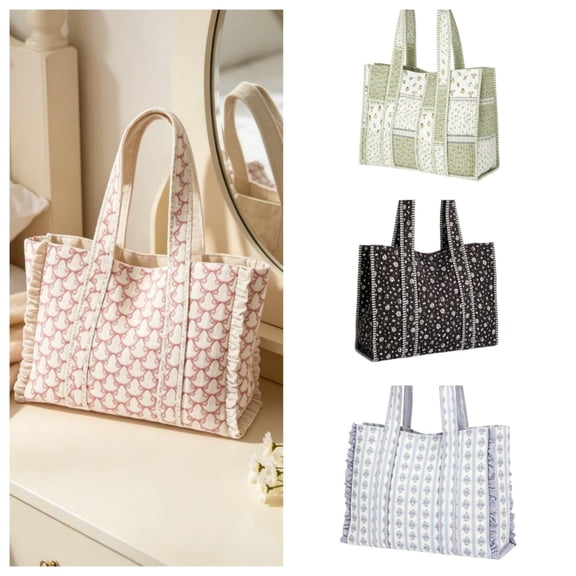 Voglyf Quilted Patchwork Tote Bag , Floral Geometric Print Cotton Quilt Handbag, Large Capacity Lightweight Shoulder Tote for Daily Shopping Travel Casual Women Accessory Gift A
