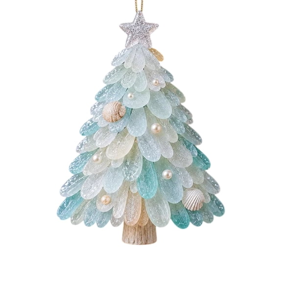 Voglyf Sea Glass Christmas Tree Hanging Ornament, Nautical Beach‑Style Xmas Decoration Adorned, Glitter Silver Star Topper, Festive Hanging Pendant for Holiday Home, Xmas Tree & Wall Decor
