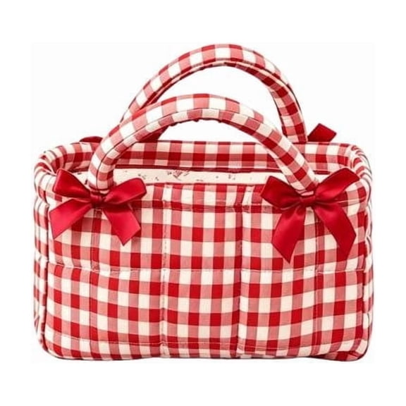 Voglyf Small Storage Basket Organizer, Mini Fabric Floral Storage Baskets with Handle, Small Linen Storage Tray for Cosmetic Towels Skincare Bedroom Vanity Countertop Decor(Red Plaid)