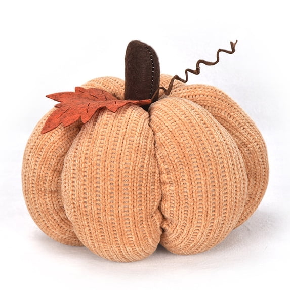 Voglyf Soft Knit Pumpkins Decor, Plush Stuffed Knitted Pumpkin with Maple Leaf & Vine, Fall Thanksgiving Table Centerpiece, Pumpkin Ornament for Home Mantle Shelf Halloween Decor,Yellow
