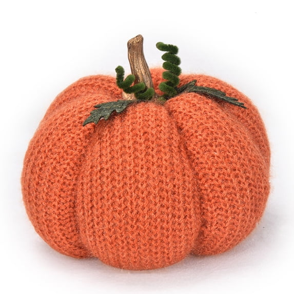 Voglyf Soft Knit Pumpkins Decor, Plush Stuffed Knitted Pumpkin with Maple Leaf & Vine, Fall Thanksgiving Table Centerpiece, Pumpkin Ornament for Home Mantle Shelf Halloween Decor,Orange