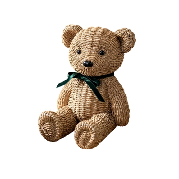 Voglyf Woven Texture Teddy Bear Figurine, Resin Sitting Bear with Green Ribbon, Handwoven Rattan-Style Accent with Green Ribbon Bow, Holiday Shelf Mantel Windowsill Dining Table Decor