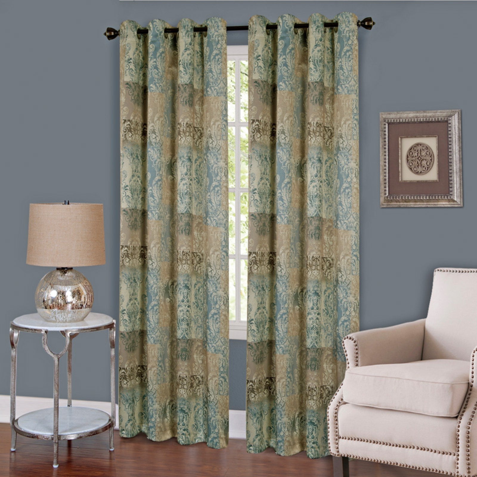 Blue and Beige Polyester Room Darkening Grommet Curtain Panel