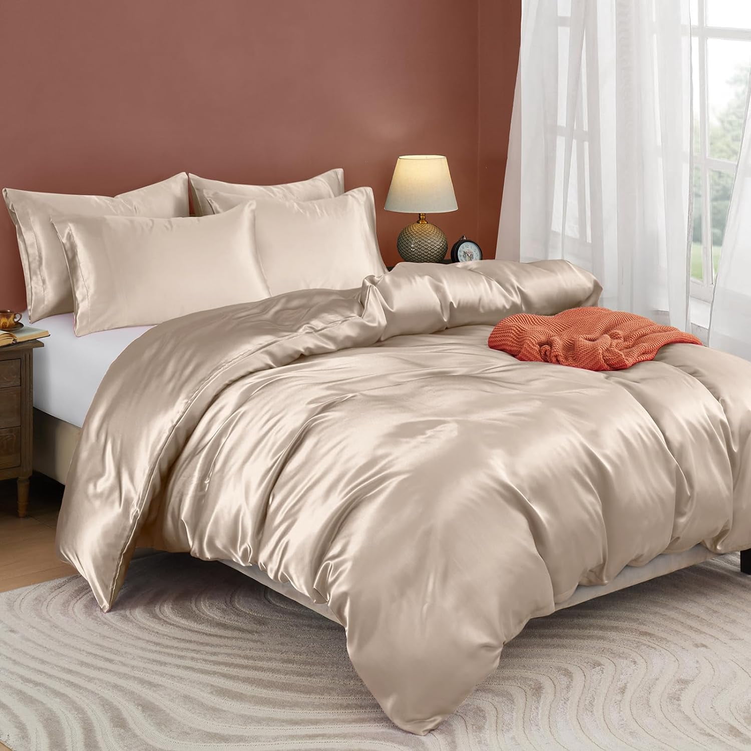 Vogue Linen Pure Mulberry Silk Duvet Cover - 16 Momme 6A Graded Silk - 1 Piece Duvet Cover Olympic Queen 98" x 98", Beige