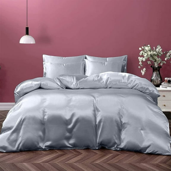 Vogue Linen Pure Mulberry Silk Duvet Cover - 22 Momme 6A Graded Silk - 1 Piece Duvet Cover Oversized Queen 92" x 98", Silver