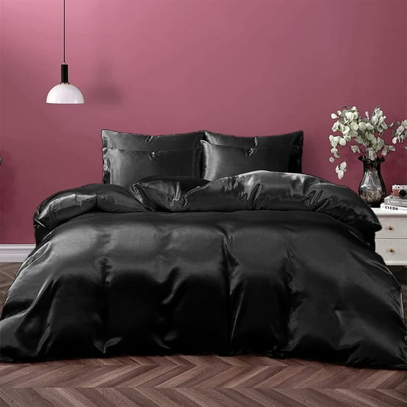 Vogue Linen Pure Mulberry Silk Duvet Cover - 30 Momme 6A Graded Silk - 1 Piece Duvet Cover Olympic Queen 98" x 98", Black