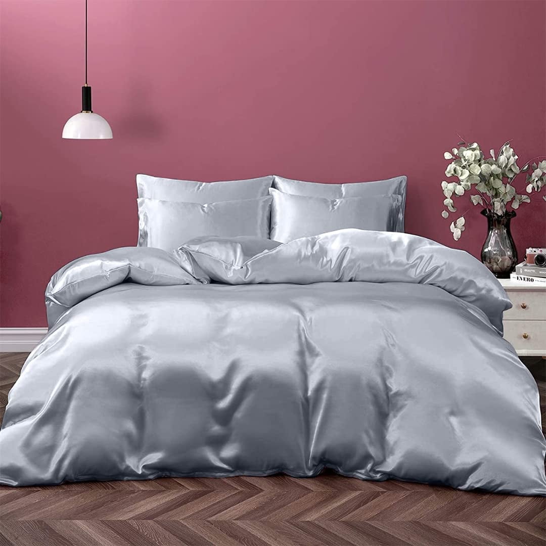 Vogue Linen Pure Mulberry Silk Duvet Cover - 30 Momme 6A Graded Silk - 1 Piece Duvet Cover Oversized Queen 92" x 98", Silver