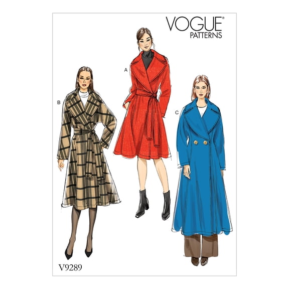 Vogue Patterns Sewing Pattern Misses' Wide-Collar Coat and Belt-14-16-18-20-22