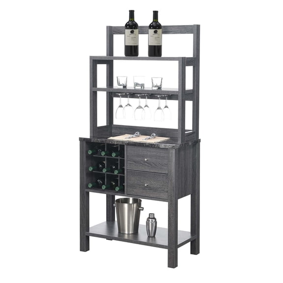 Vogue Serving Bar, Black Faux Marble/Weathered Gray Finish, 2 Drawers, Bottom Shelf, Modern and Functional, Holds 9 Wine Bottles & 3 Stemware Racks