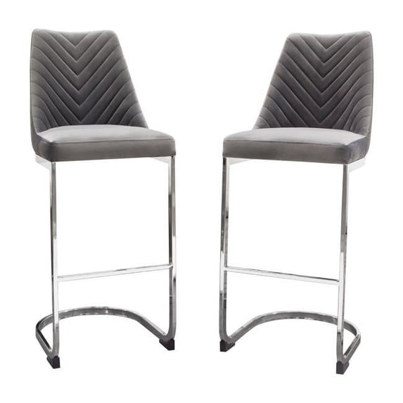 Vogue Set of (2) Bar Height Chairs in Grey Velvet with Polished Silver Metal Base by Diamond Sofa