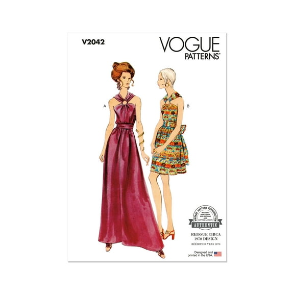 Vogue Sewing Pattern 2042 - 1970s Misses' Dress In Two Lengths, Size: B5 (8-10-12-14-16)