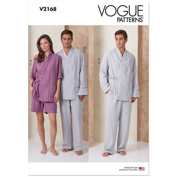 Vogue Sewing Pattern 2168 - Unisex Robe, Pajama Pants and Shorts, Size: A(XS-XXL)