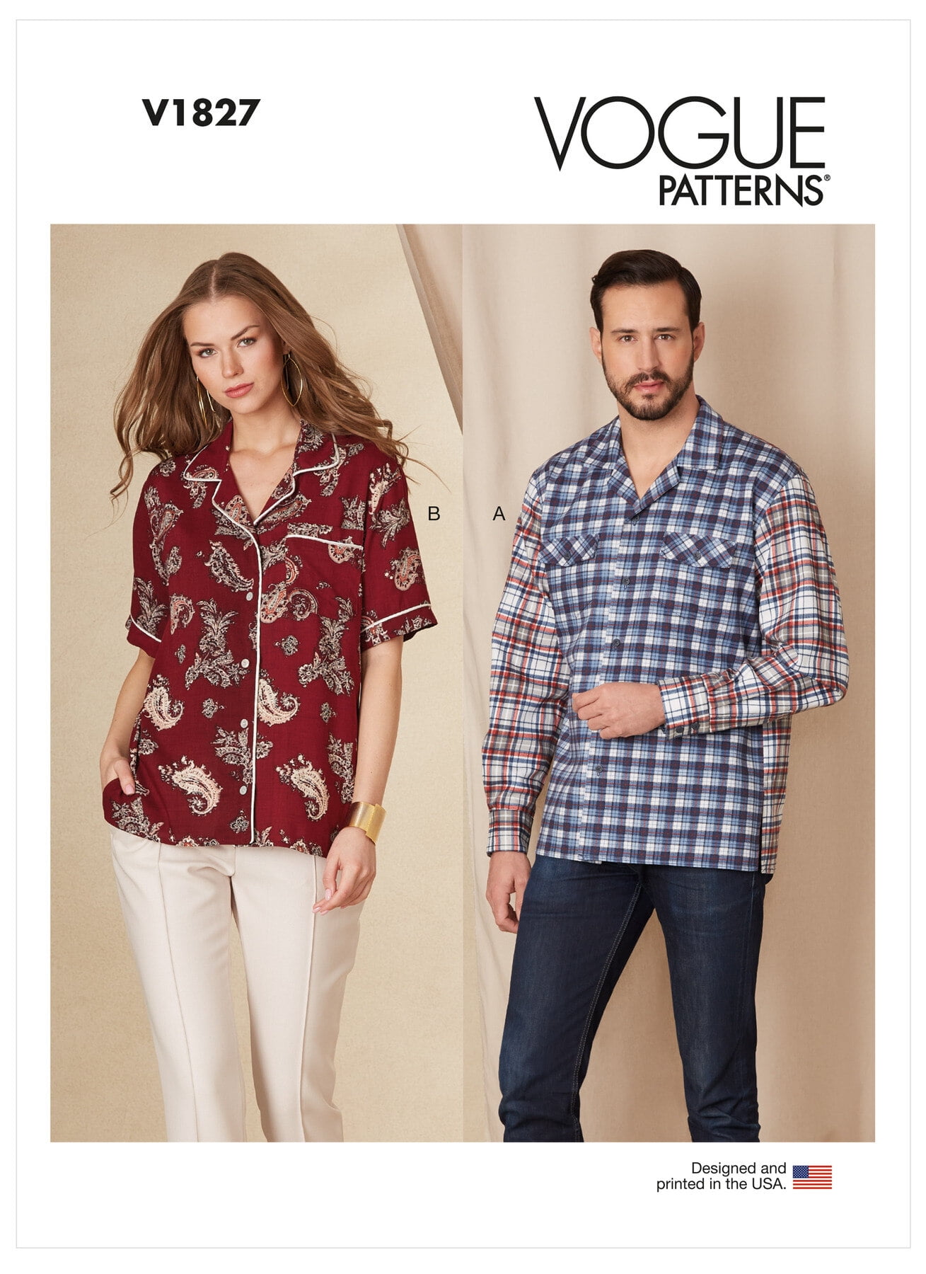 Vogue Sewing Pattern V1827 - Unisex Shirts, Size: A (S-M-L-XL-XXL)