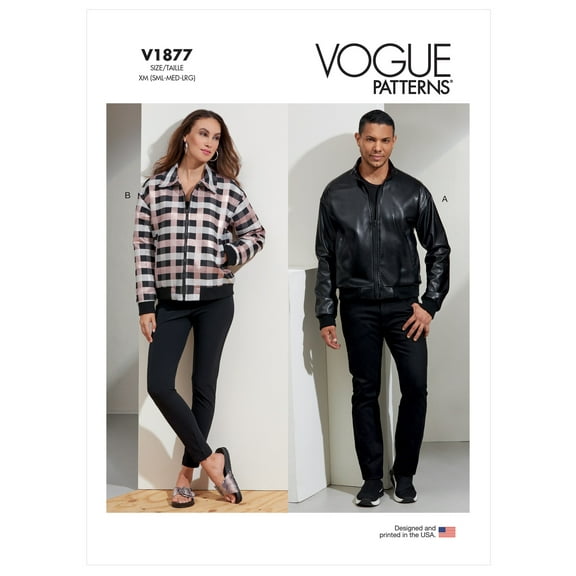 Vogue Sewing Pattern V1877 - Unisex Bomber Jacket, Size: XM (SML-MED-LRG / 34-36-38-40-42-44)