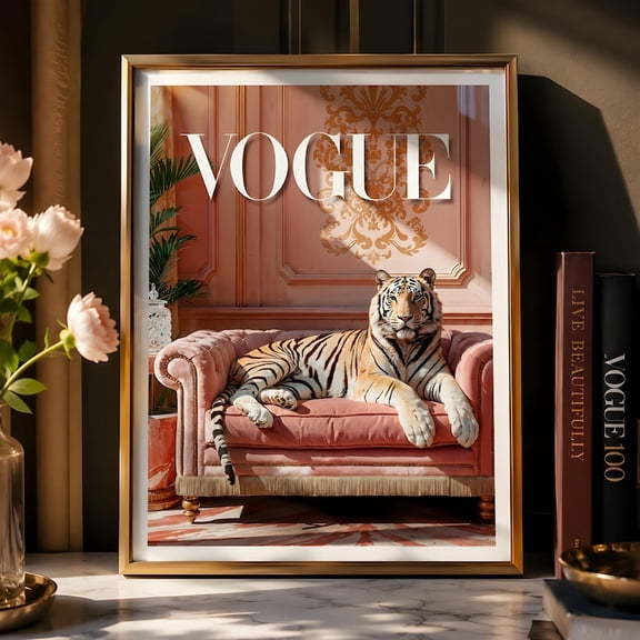 Vogue Tiger on Pink Sofa Poster | Luxury Maximalist Wall Art | White Bengal Tiger Fashion Print | Glam Animal Chic Decor Unframed Poster