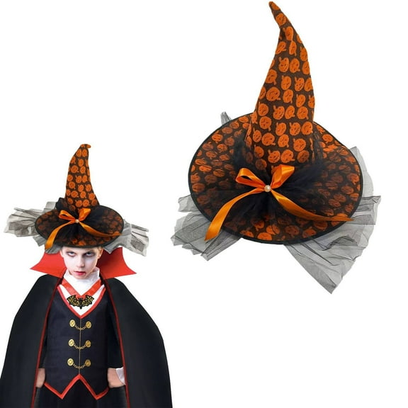 VogueV 17" Black Canvas Witch Hat with Mesh Pumpkin, Halloween Costume Accessory for teen Adults, Floppy Brim Party Prop & Shelf Decor, A 17-Inch Wizard Hat Role-Play Accessory