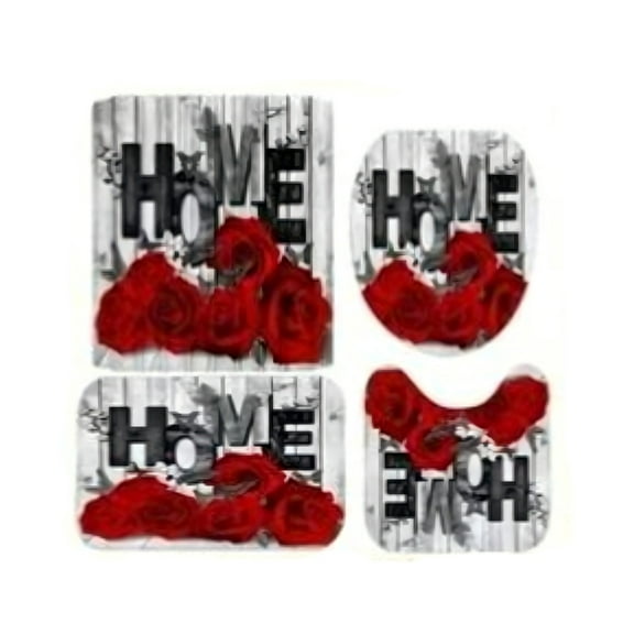 VogueV 4-Piece Rose Bathroom Set, Non-Slip Shower Curtain with Bath Mat & Contour Rug, Romantic Floral Decor for Master Bath, Guest Suite, Shower Curtain Set*1 Set