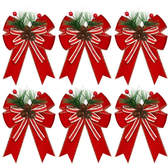 VogueV Buffalo Checkered Christmas Bows, Red & Black Plaid Ribbon Bows with Pinecones, Rustic Tree & Wreath Decor, Indoor Outdoor Hanging Bows for Door, Garland, Party Diy, Bow*6
