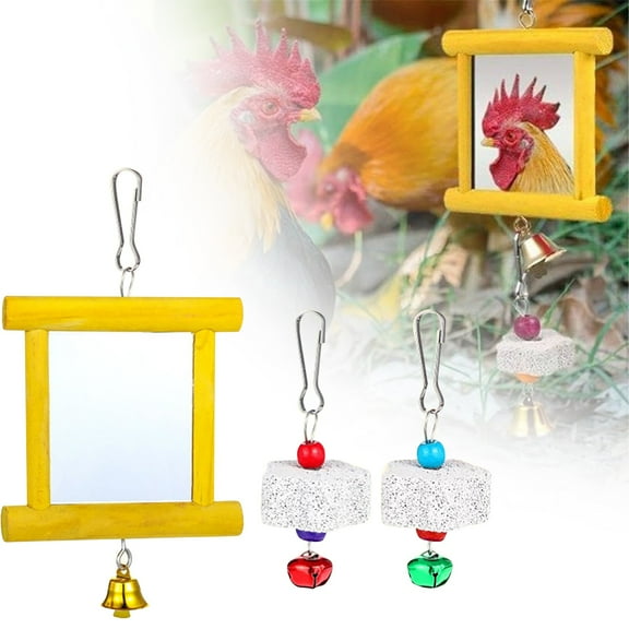 VogueV Colorful Chicken Mirror Molar Stone Toy 3-Pack, Multi-Function Coop Enrichment Pecking & Scratching Pad, Poultry Boredom Buster for Hen House Run, Backyard Farm Gift, 1 Mirror, 2 Bells