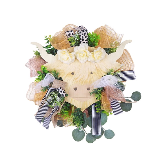 VogueV Highland Cow Spring Wreath 17 Inch, Adorable Grapevine Door Decoration with Flowers & Bow, Handmade Farmhouse Hanging Decor for Front Door Wall Window, 1X Wreath