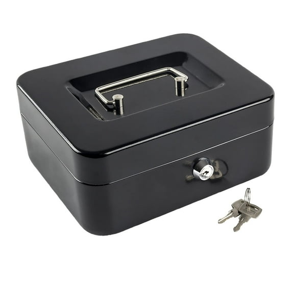 VogueV Medium Metal Lock Box with Key, 6 X 8 X 12 in Cash Safe, Removable 5-Compartment Tray & Secret Bottom, Office office Retail Money Organizer, Black, 1 Password Box And 1 Set of Keys