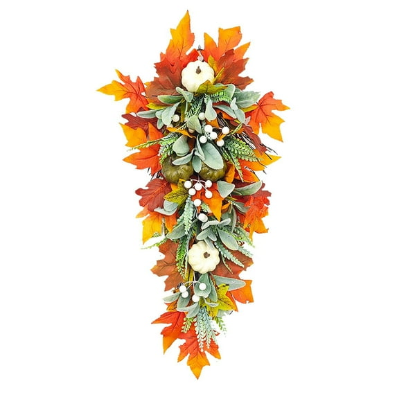 VogueV Pumpkin Maple Autumn Wreath for Front Door, Thanksgiving Festival Hanging Decor with Harvest Elements, Home Porch Wall Indoor Outdoor 18In Decoration, Fall Gift, 1X Wreath