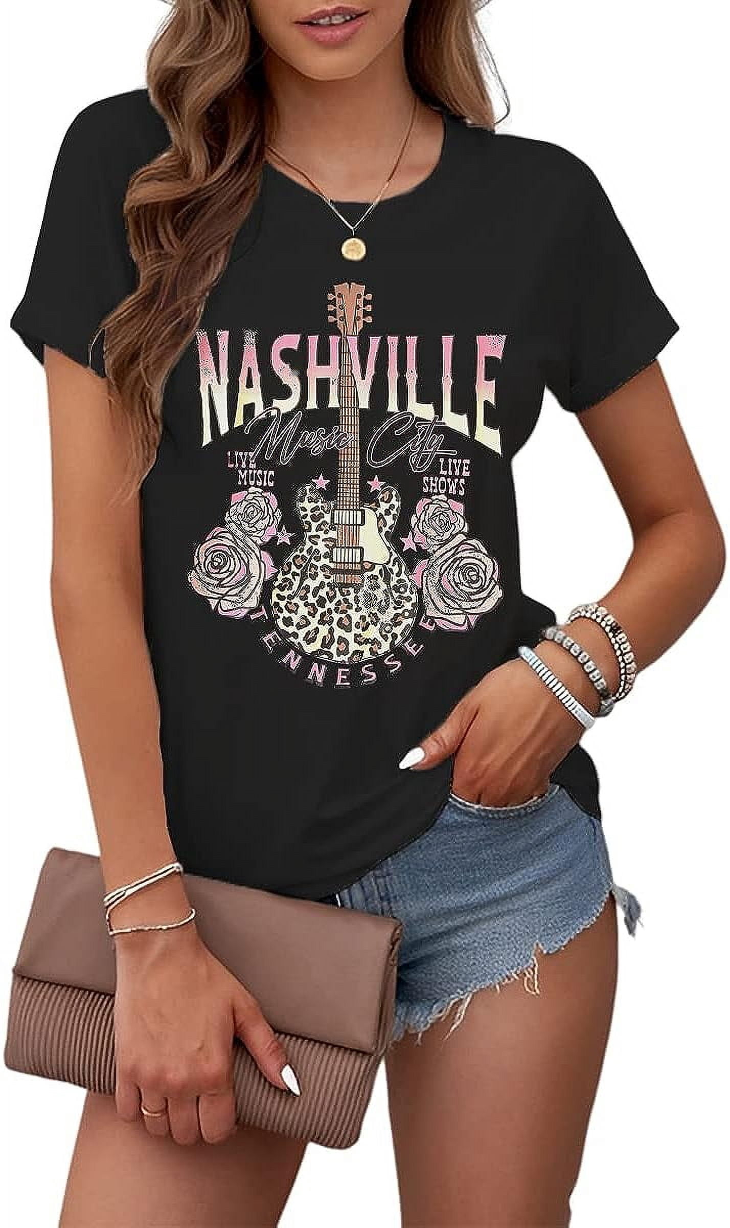 Nashville Music Guitar Wings Graphic Round Neck T-Shirt