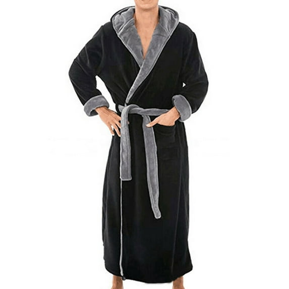 Voguele Mens Dressing Gown Hooded Wrap Robe Long Sleeve Bath Robes Lounge Towelling Soft Nightwear Black Gray L
